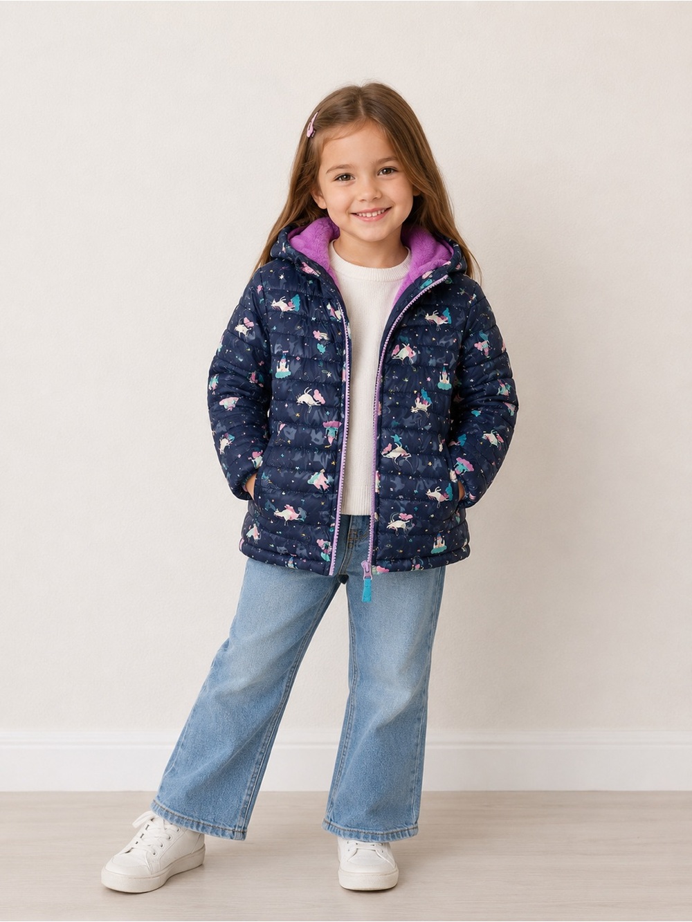 Cat & Jack Navy Unicorn Print Puffer Jacket with Pink Fleece
